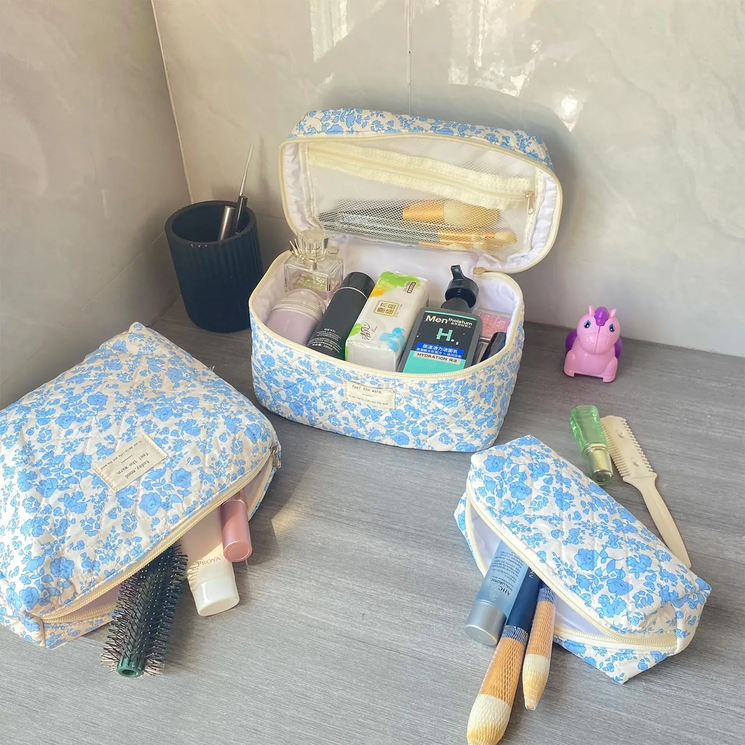 Blue Large Quilted Floral Makeup Bag Set of 3 Cute Coquette Aesthetic Cosmetic Bag Set Travel Toiletry Bag for Women