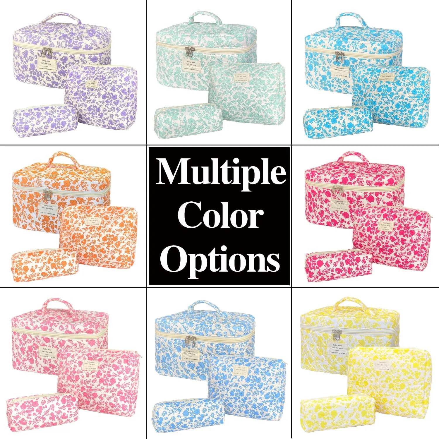 Blue Large Quilted Floral Makeup Bag Set of 3 Cute Coquette Aesthetic Cosmetic Bag Set Travel Toiletry Bag for Women