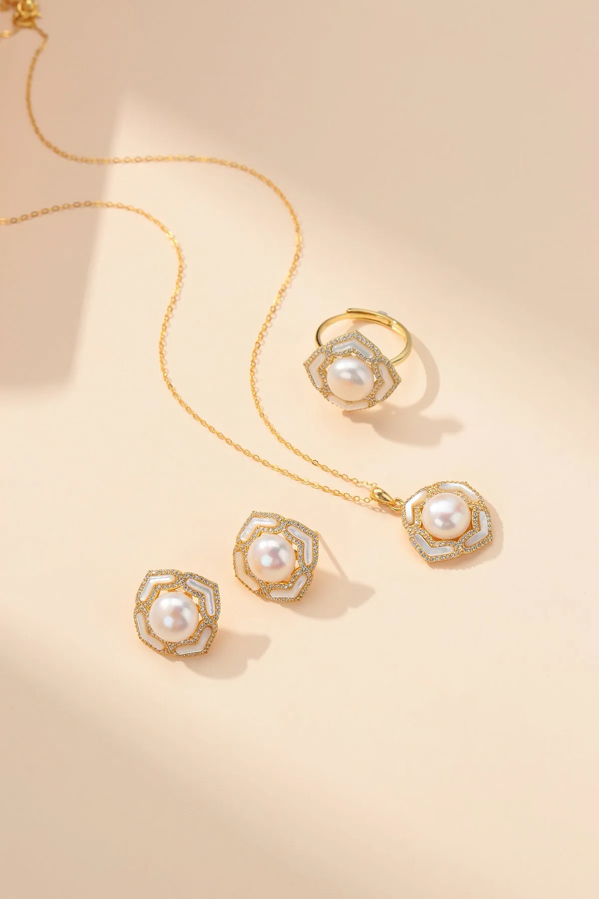 Button Pearls & Zinnia Floral Necklace Earrings Set ( Purchase Individually)