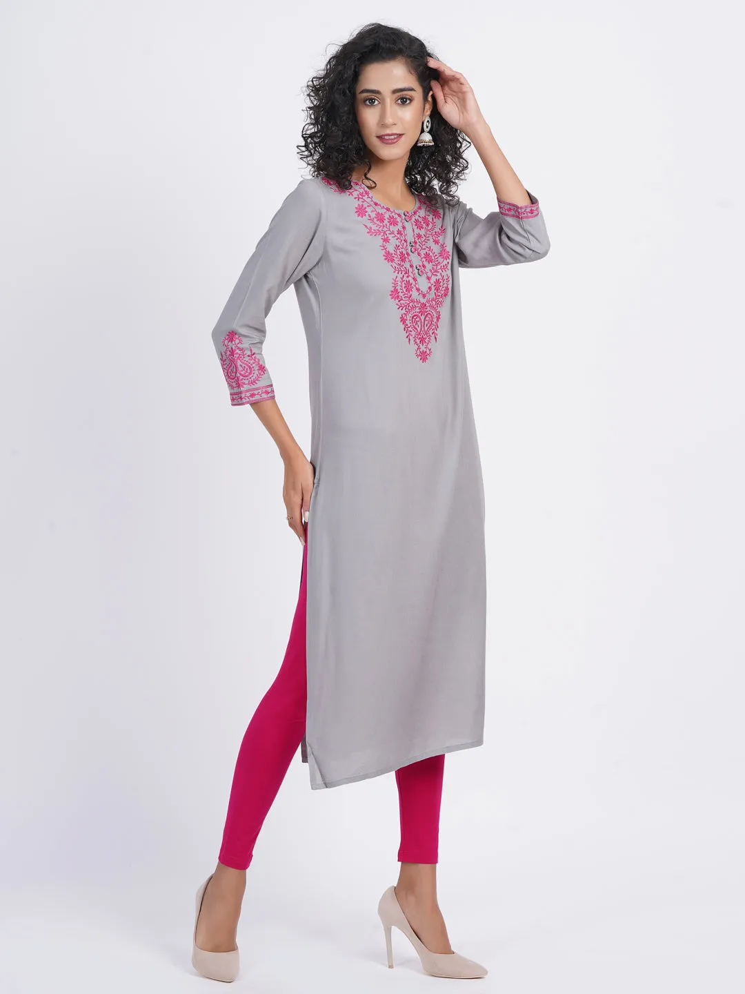 Chikankari Embroidered Rayon Long Kurti with Craft Buttons
