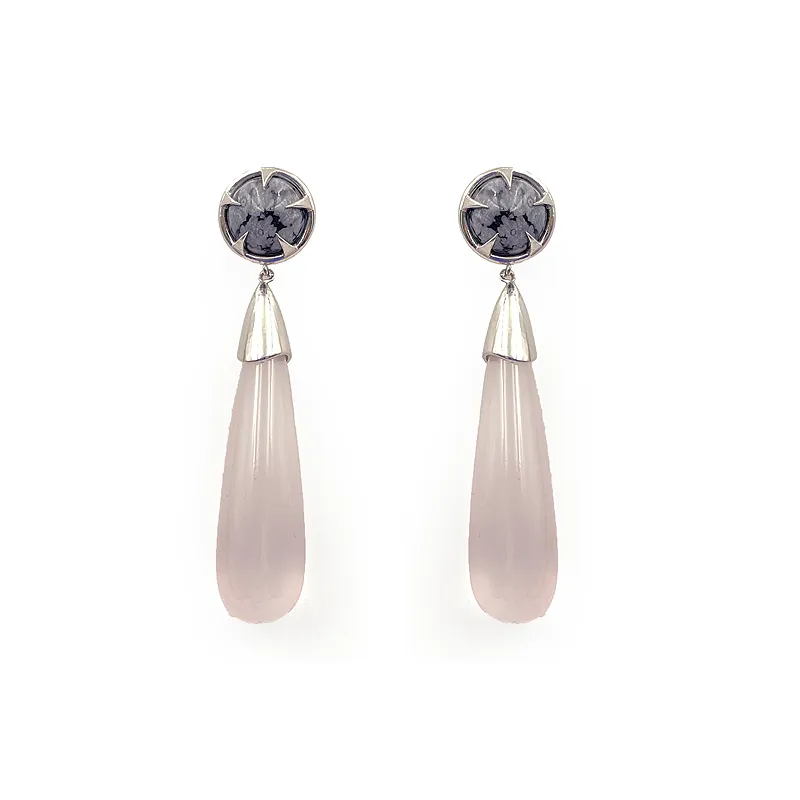Copy of Ame Collection Earrings 6 - Silver Rhodium plated earrings with Obsidian and Rose Quartz