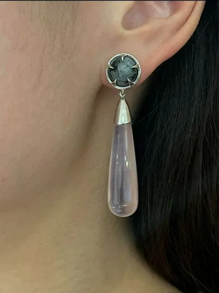 Copy of Ame Collection Earrings 6 - Silver Rhodium plated earrings with Obsidian and Rose Quartz