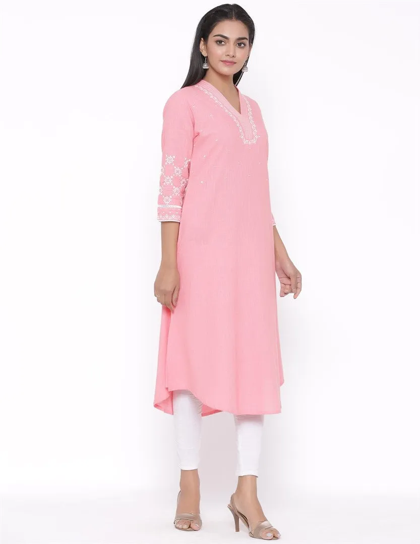 COTTON EMBROIDERED FLARED LONG KURTA