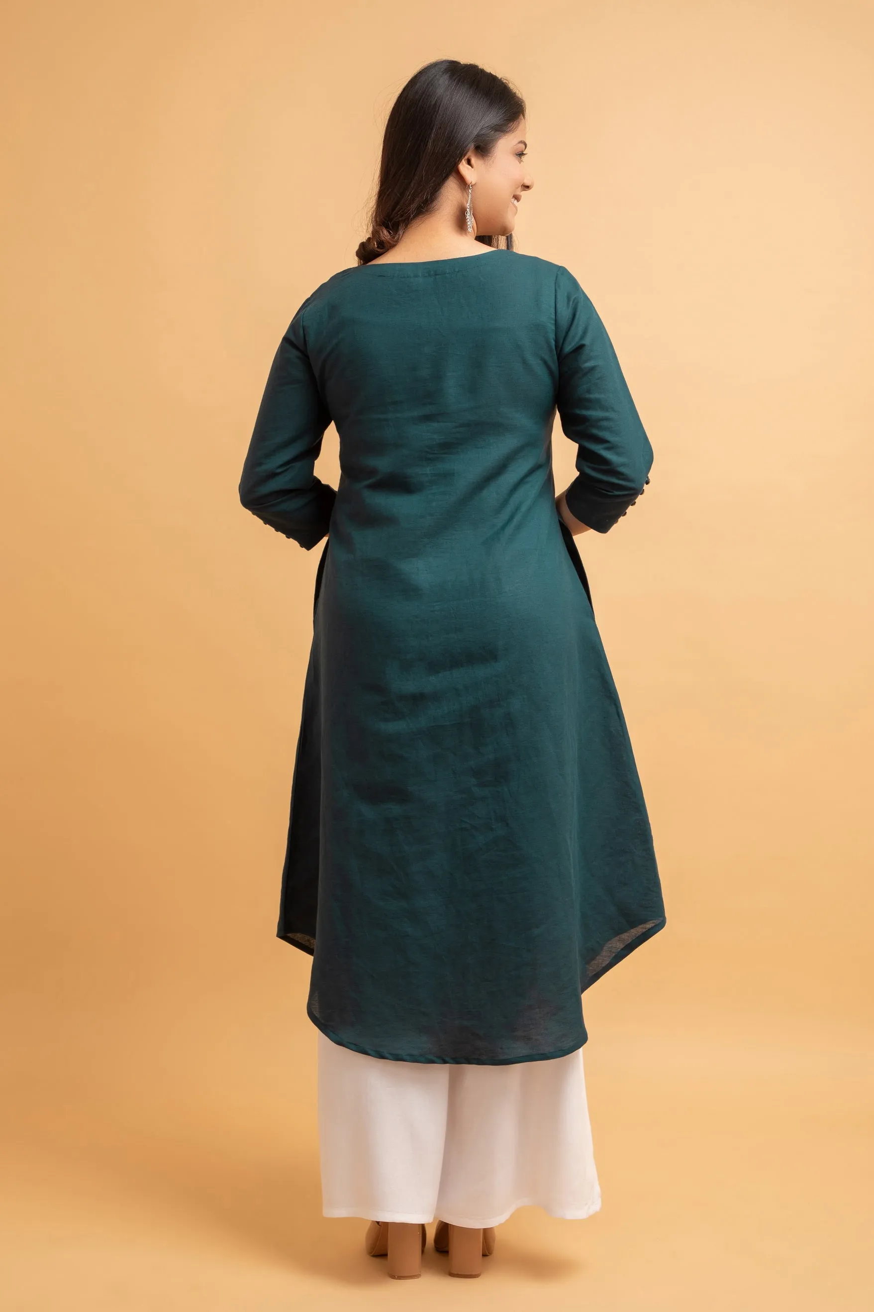 Cotton Linen Long Kurti with Button Detail