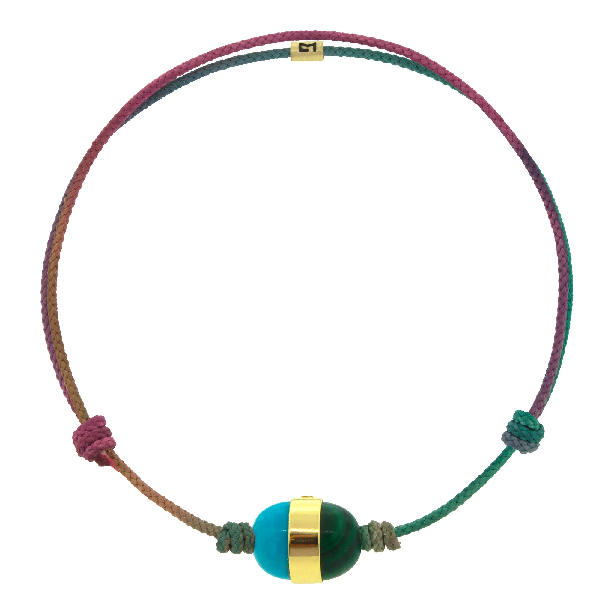 Malachite & Turquoise Cabochon with Smooth Gold Collar on Cord Bracelet