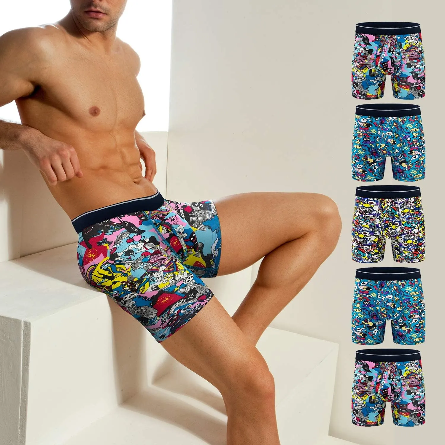 Mens Underwear Cotton Boxer Briefs Comfy Breathable 6" Underwear Tagless Wide Waistband Boxer Briefs Multipack