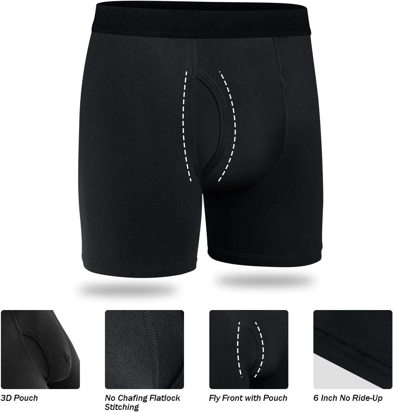 Mens Underwear Cotton Boxer Briefs Comfy Breathable 6" Underwear Tagless Wide Waistband Boxer Briefs Multipack