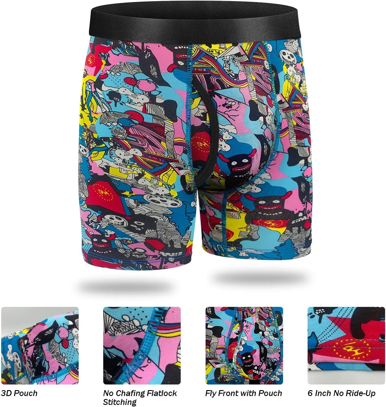 Mens Underwear Cotton Boxer Briefs Comfy Breathable 6" Underwear Tagless Wide Waistband Boxer Briefs Multipack