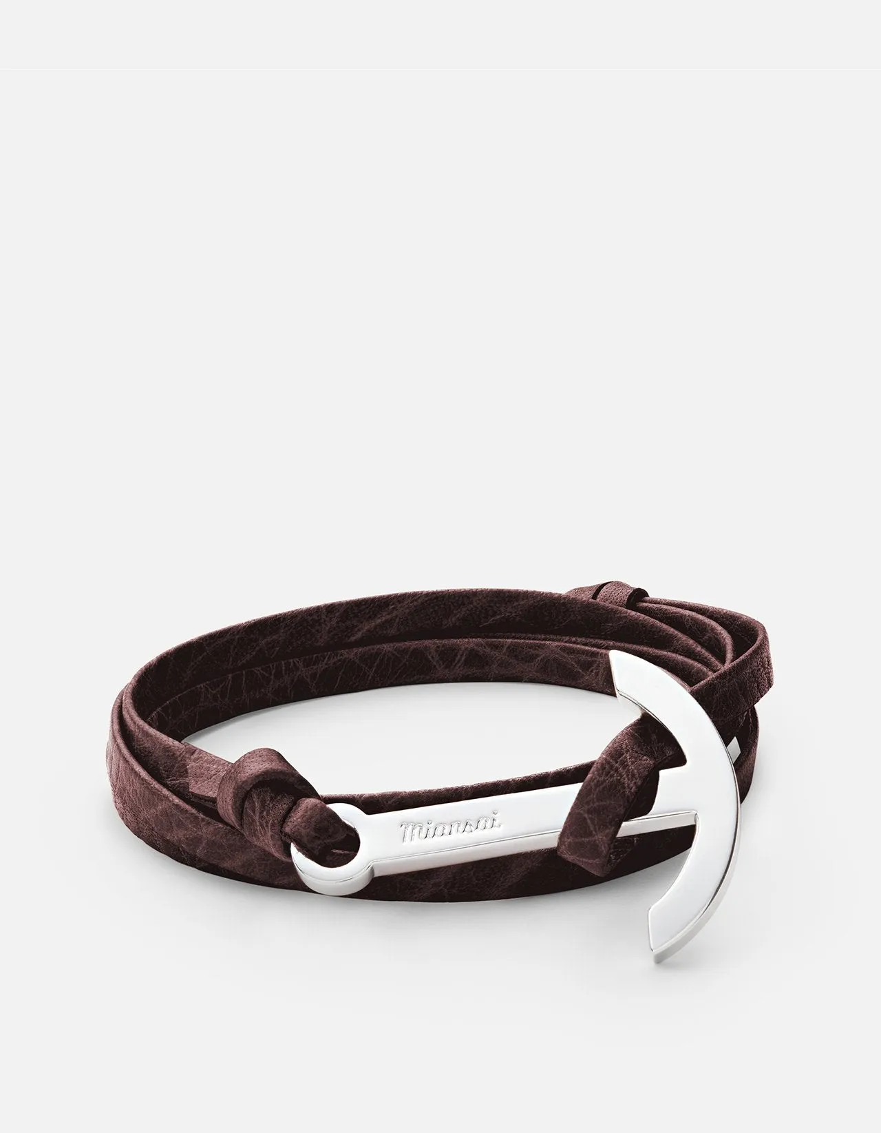 Modern Anchor on Leather Bracelet, Polished Silver