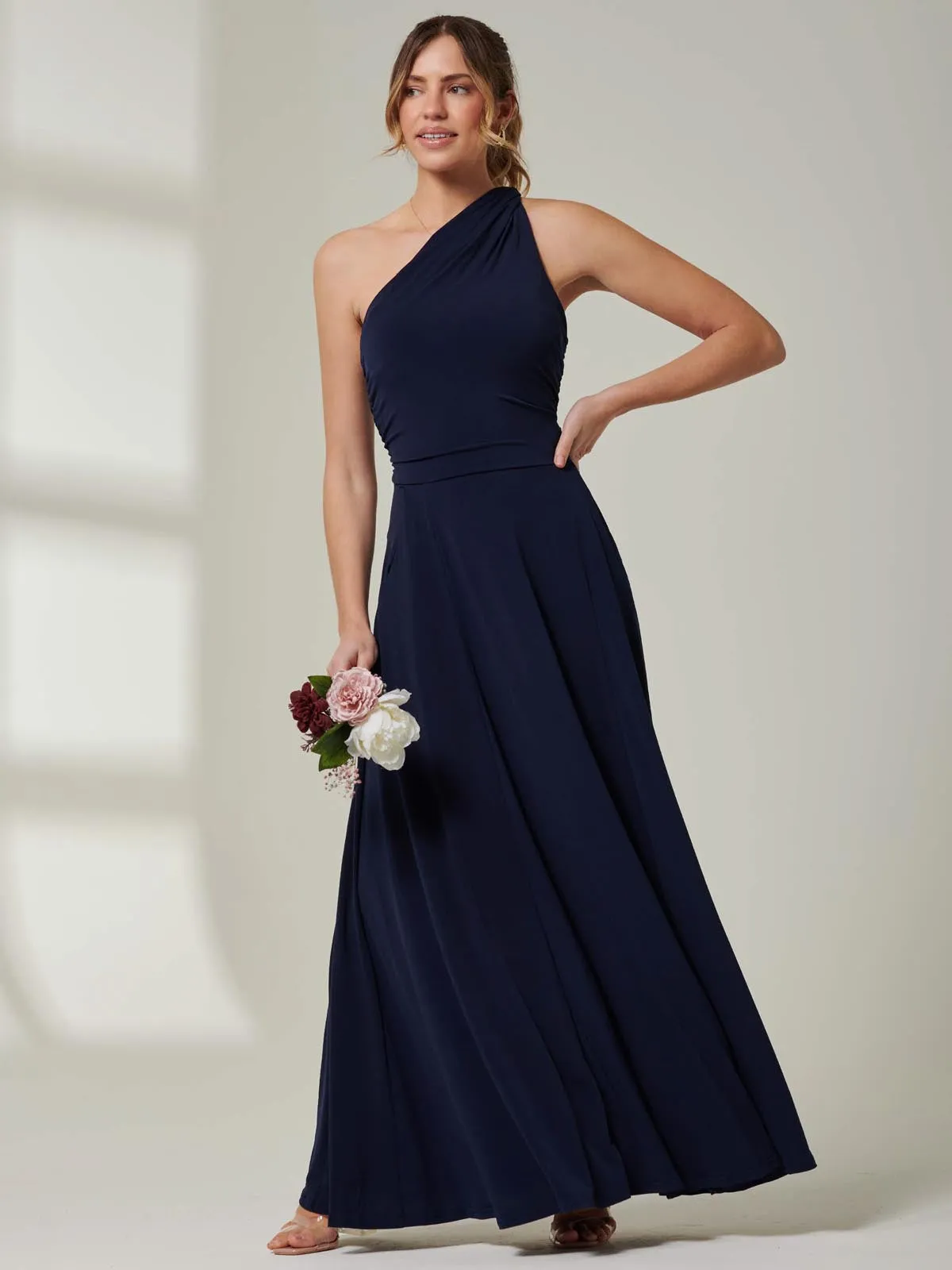 One Shoulder Jersey Maxi Dress, Navy