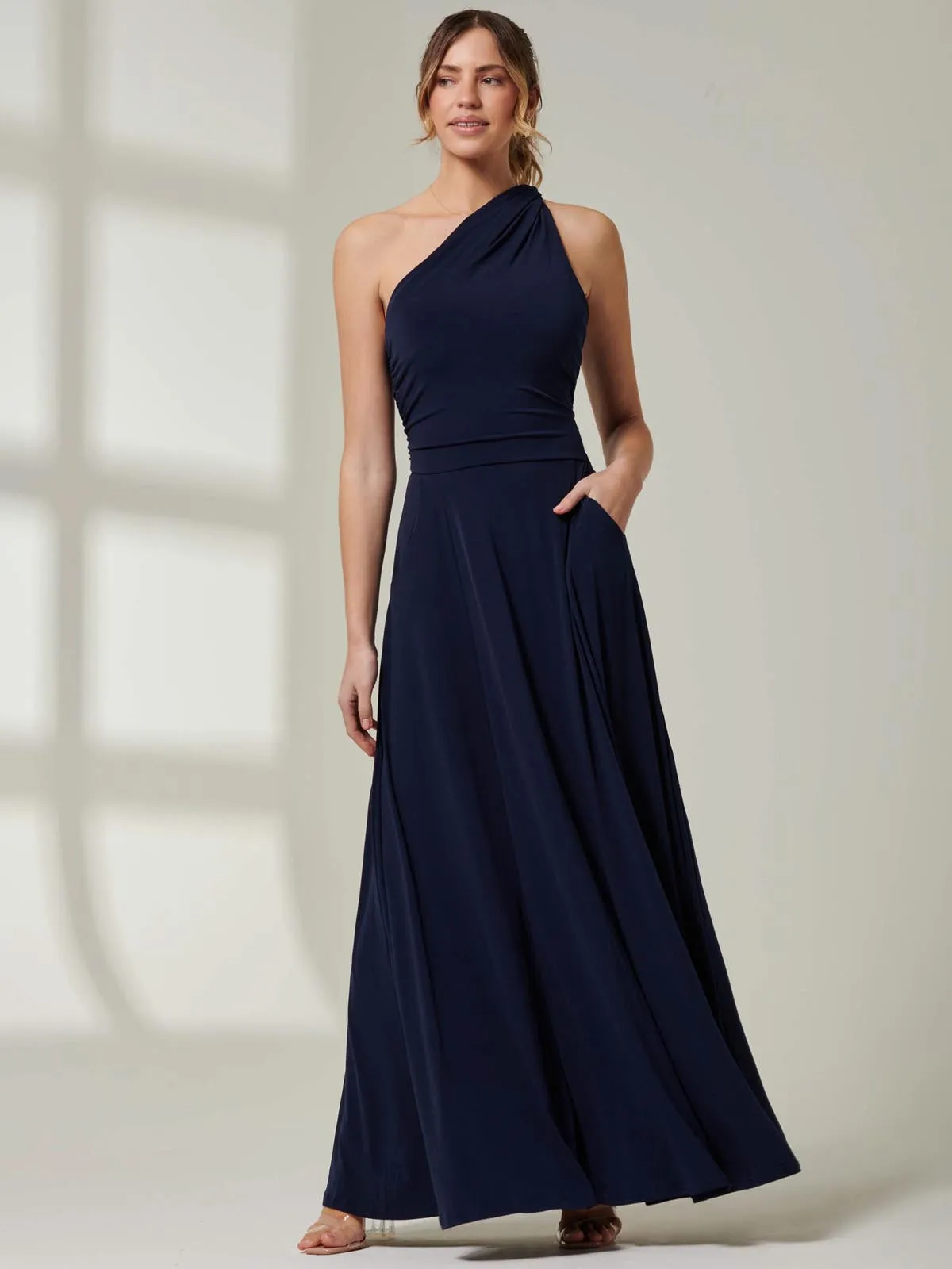 One Shoulder Jersey Maxi Dress, Navy