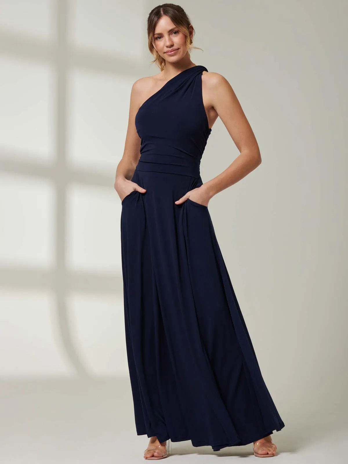 One Shoulder Jersey Maxi Dress, Navy