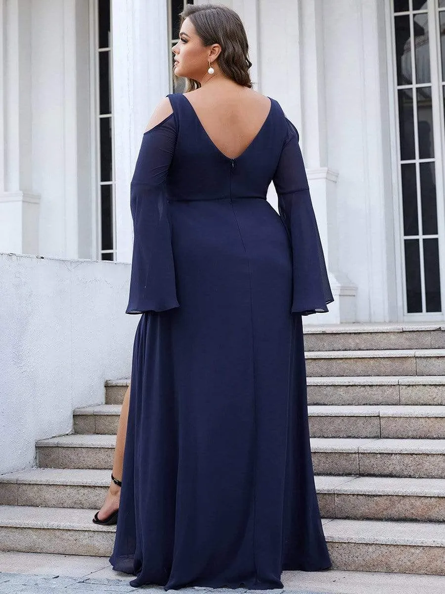 Plus Size V-Neck Cold Shoulder Bell Sleeve Sequin Mother of the Bride Dress