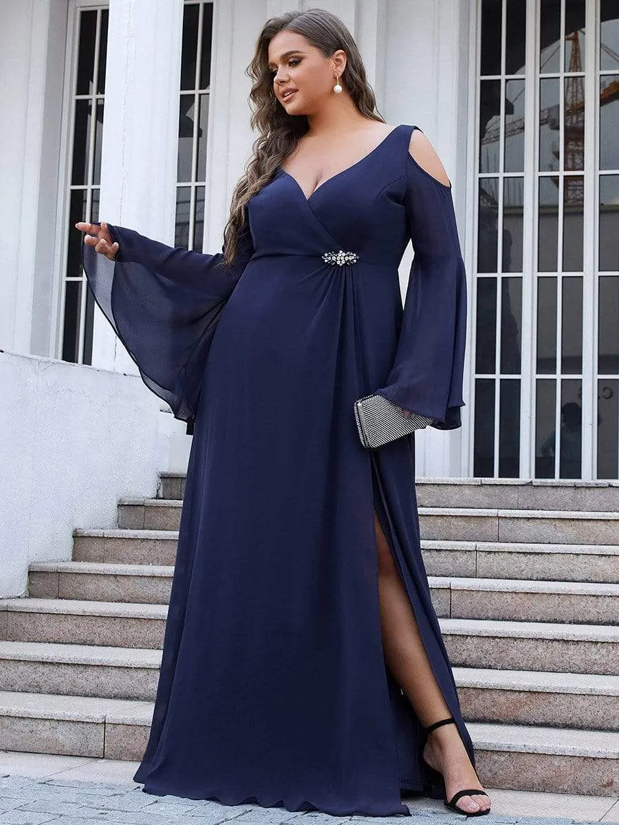 Plus Size V-Neck Cold Shoulder Bell Sleeve Sequin Mother of the Bride Dress