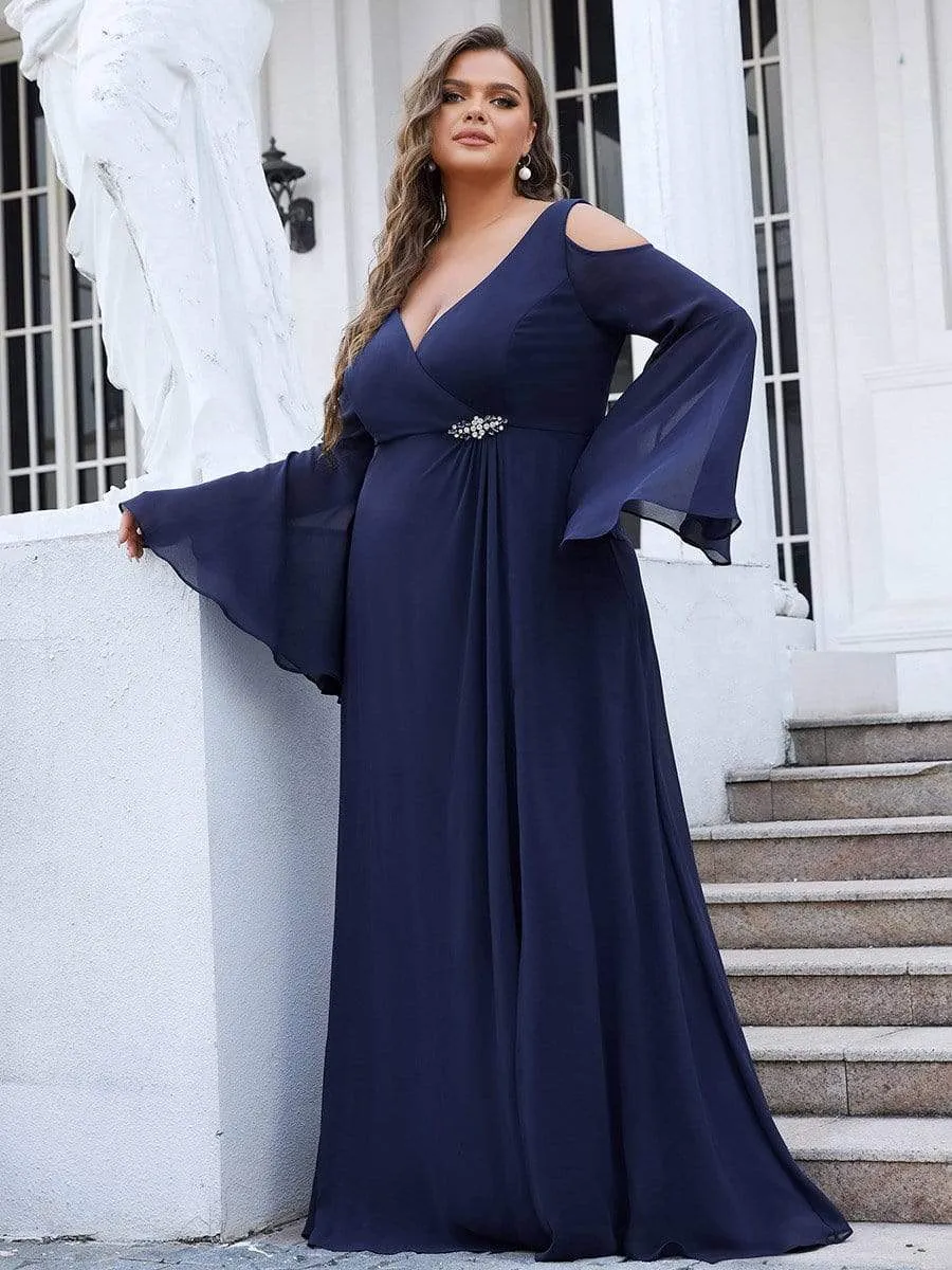 Plus Size V-Neck Cold Shoulder Bell Sleeve Sequin Mother of the Bride Dress