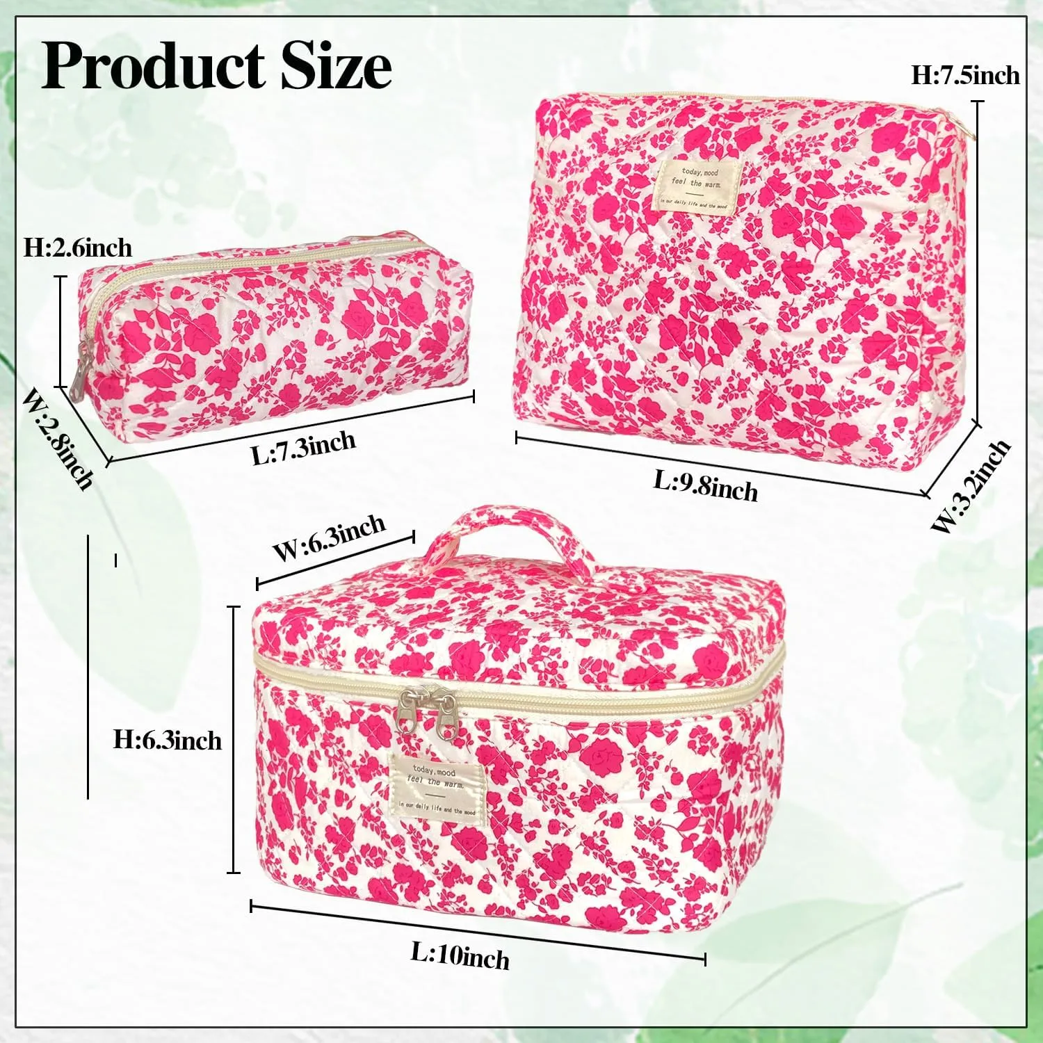 Rose Red Large Quilted Floral Makeup Bag Set of 3 Cute Coquette Aesthetic Cosmetic Bag Set Travel Toiletry Bag for Women