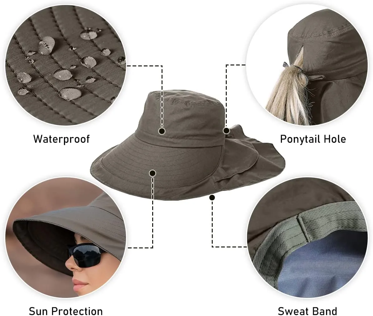 Womens Sun Hat UPF 50  Wide Brim and Ponytail Hole, Hiking Safari Hat with Neck Flap??